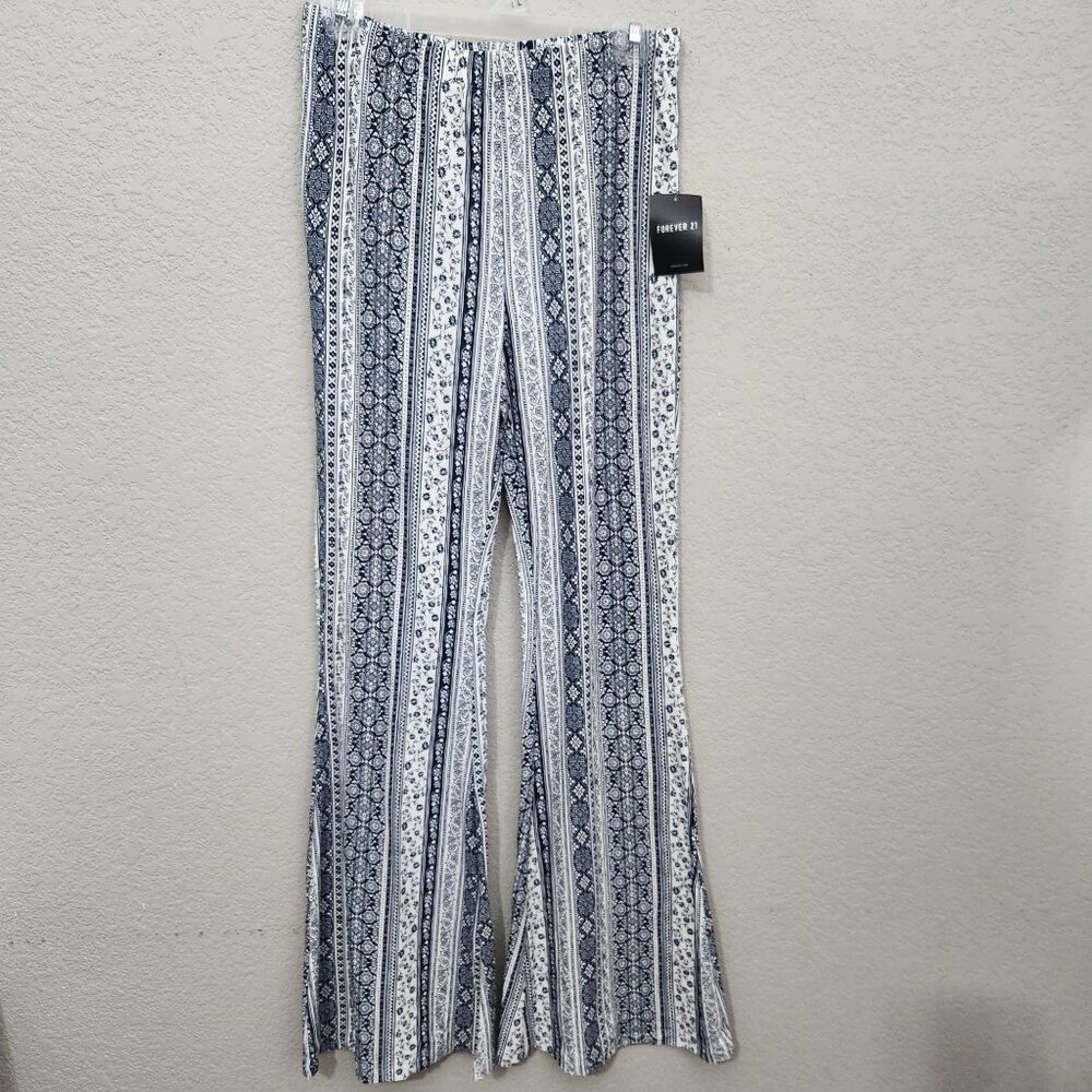Forever 21 Boho Print Bell Bottom Pants Size L Blue White Elastic Waist